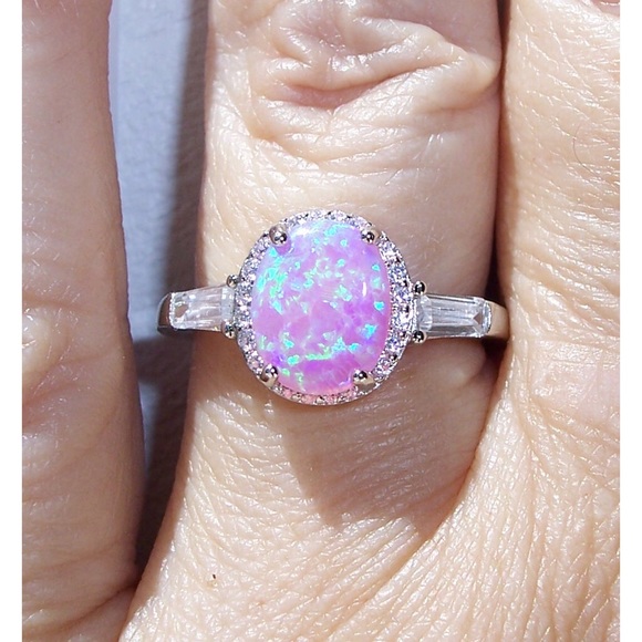 925 STERLING SILVER Lab Created Pink Opal CZ Ring - Picture 13 of 16